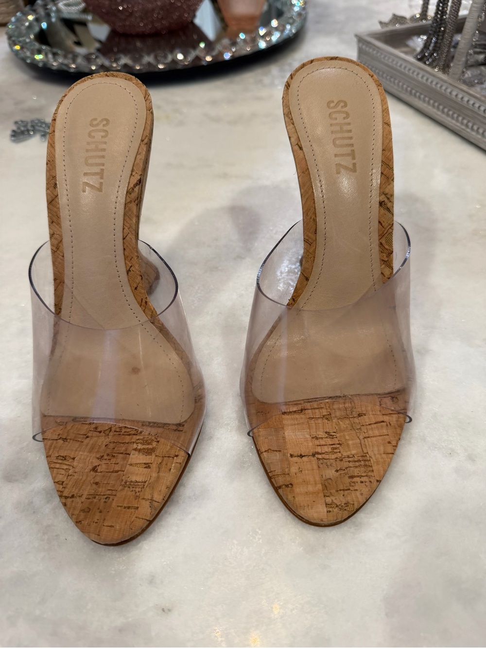 SCHUTZ Clear Cork Slide Mules size 8